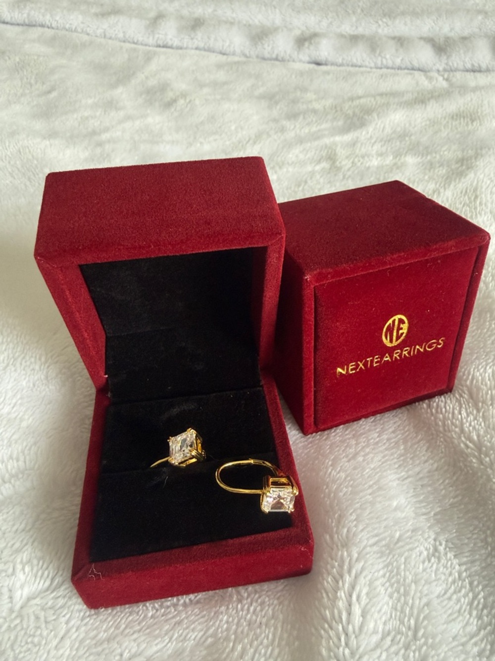 Gold-Plated Square Crystal Drop Earrings - Red
